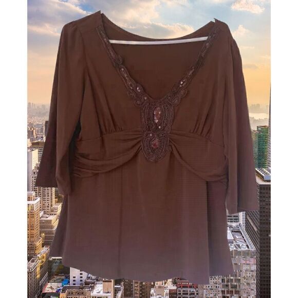 Chocolate, brown, sequin, three-quarter sleeve top - Picture 2 of 8